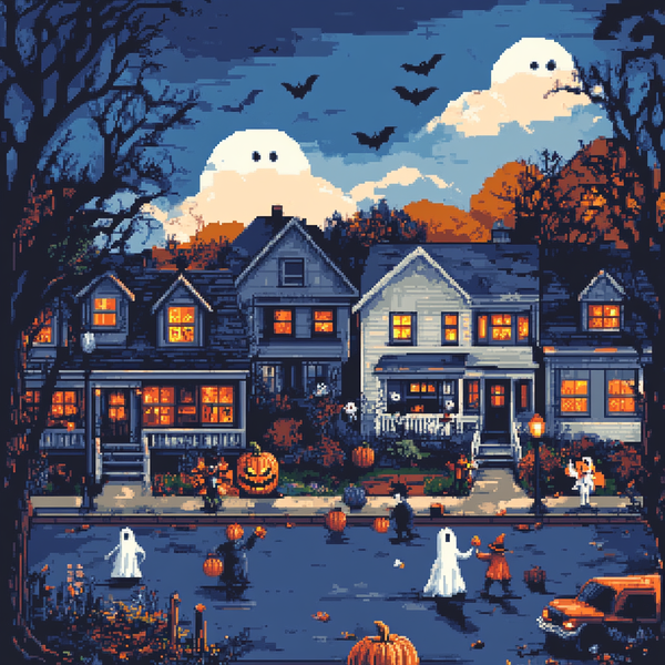 8 bit scene kids trick-or-treating in a suburban neighborhood, with houses heavily decorated with halloween themes